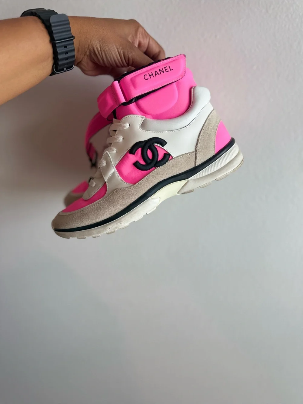 CHANEL Pink, White and Beige High-Top Sneakers